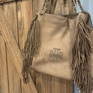 Tory Burch Brown Harper Fringe center zip tote